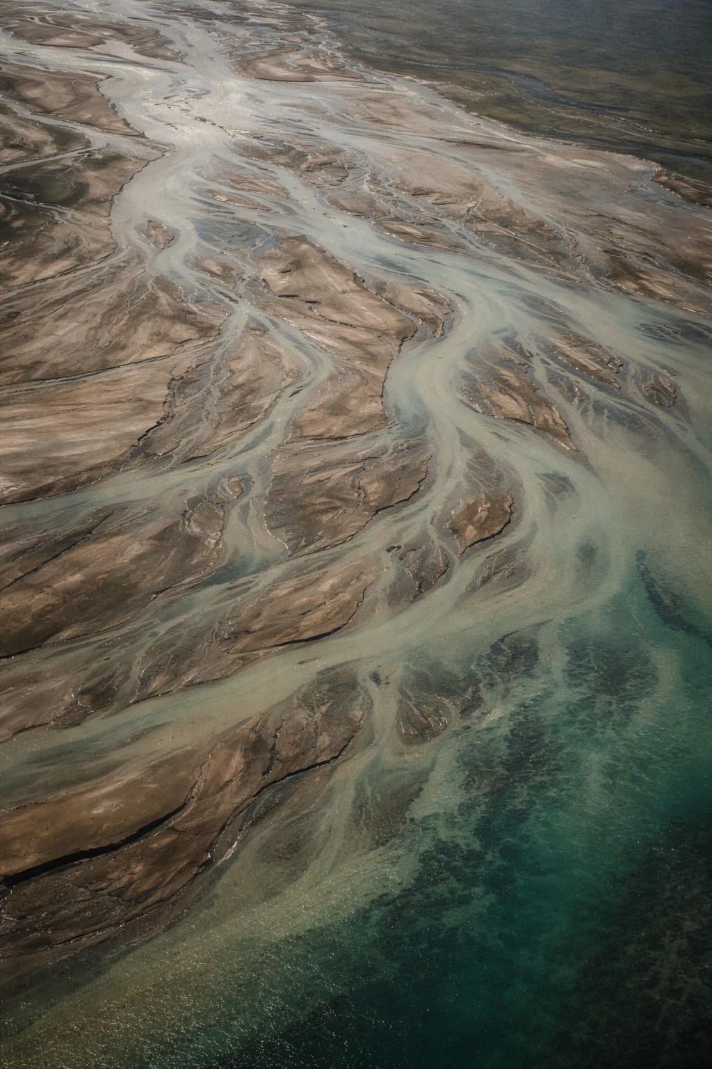 Aerial view of tidal channels meeting the sea